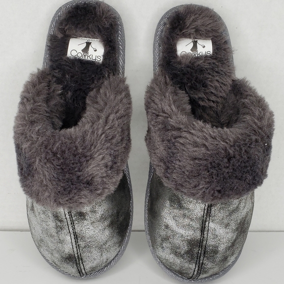 Corky Snooze Slippers Metallic Gray Distressed Slipper sz 6 Cute Comfy Warm Soft - Picture 1 of 9